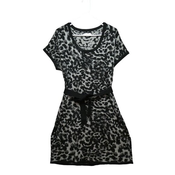 Calvin Klein Sz XL Black Gray Leopard Belted Sweater Dress‎ Short Sleeve - Picture 1 of 8